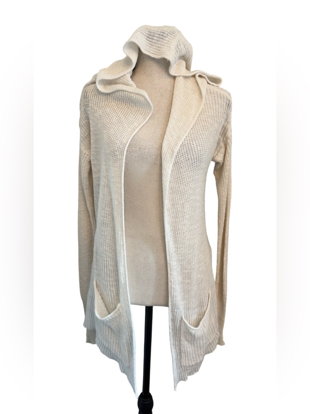 Hollister Women’s M/L Ivory Open Knit Hooded Cardigan Longline Coastal 20x29